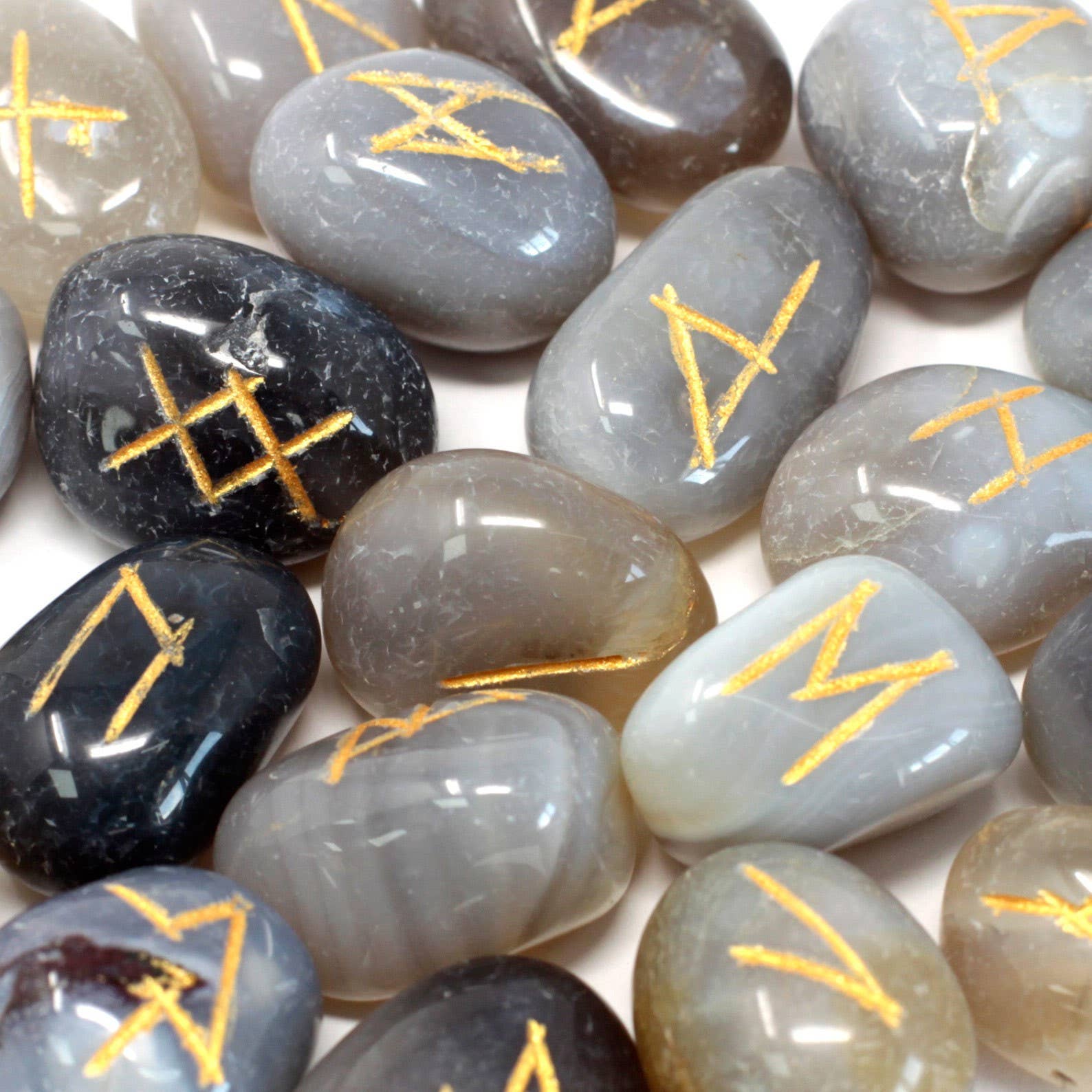 AW Artisan - Wholesale Spiritual Stone/Crystal - Indian Rune set in bags - Gray Agate2