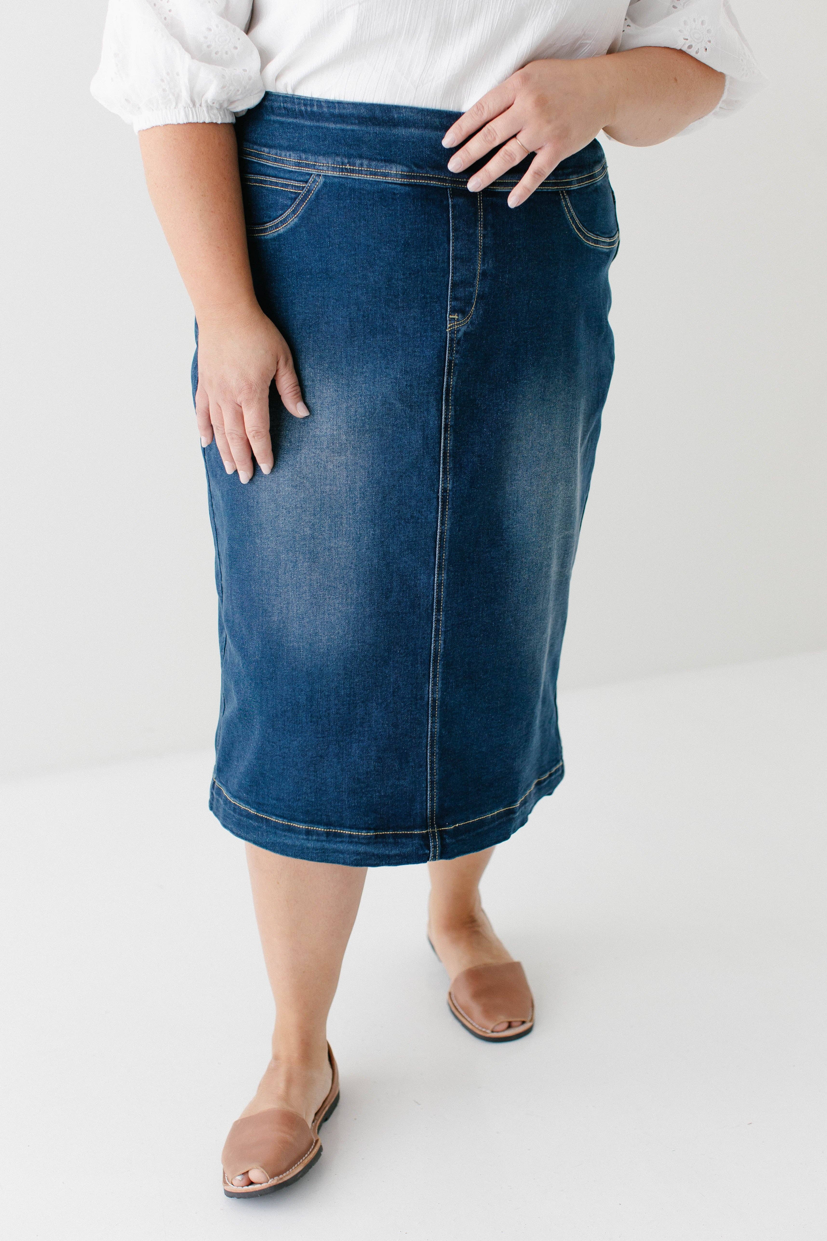 'Sara' Classic Knee Length Dark Denim Skirt for wholesale on Faire19
