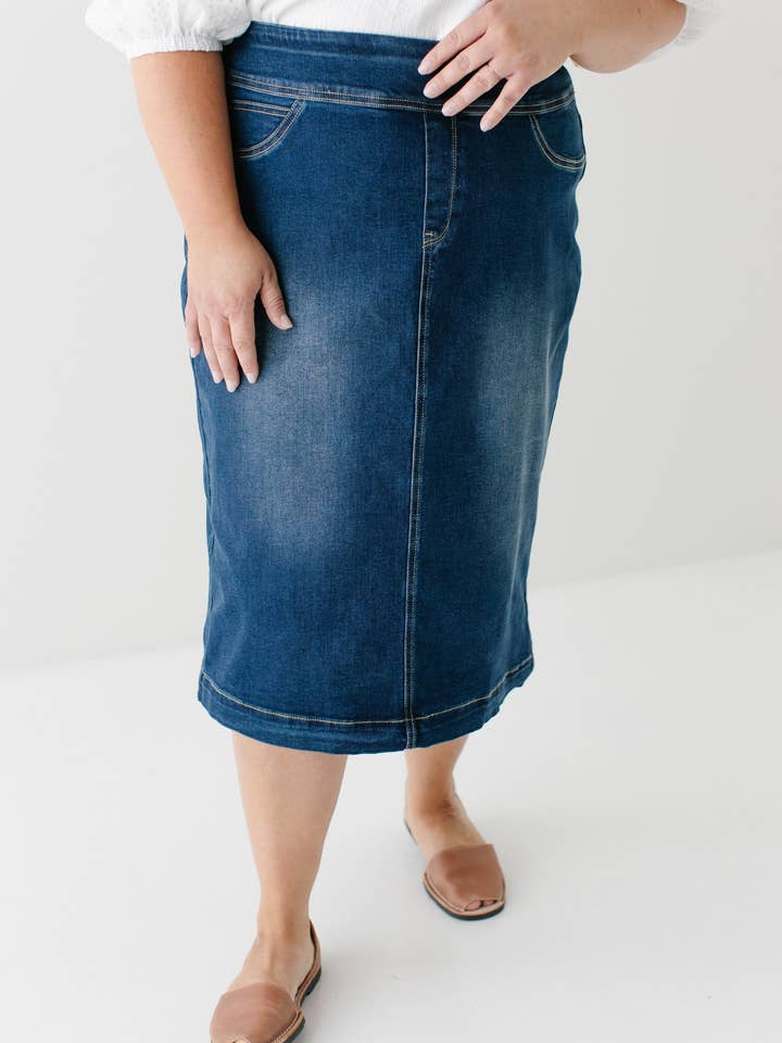 'Sara' Classic Knee Length Dark Denim Skirt for wholesale on Faire19