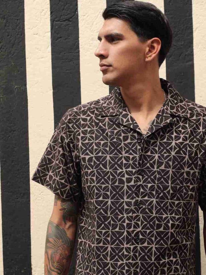 Khushi Camp Shirt Cotton Kora With Pinwheel Print Charcoal for wholesale by Umber and Ochre