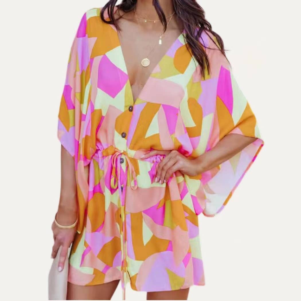 The Moment Collection - Wholesale Swim Cover Up - Women's - Floral Print Button Tying Wasit Half Sleeve Cover Up2