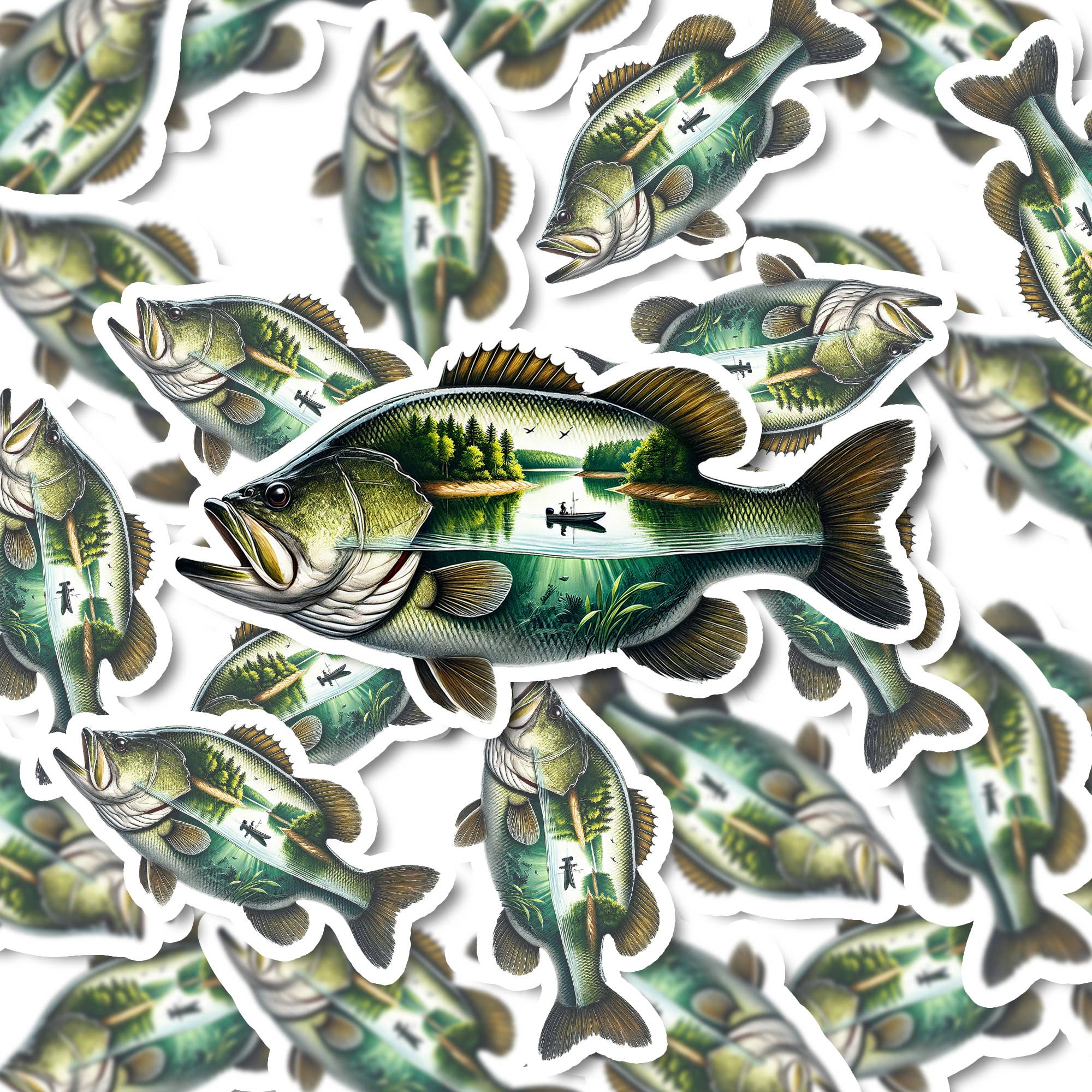 PiggyPrintStickers – wholesale Sticker – Bass Sticker | Lake Fishing Scene | Waterproof Vinyl3