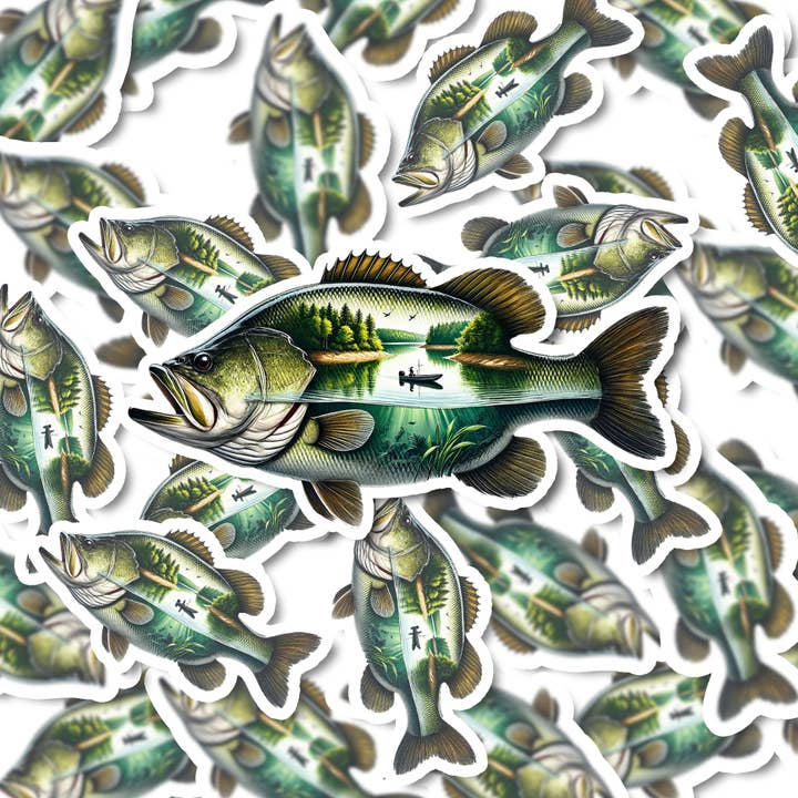 PiggyPrintStickers - Wholesale Sticker - Bass Sticker | Lake Fishing Scene | Waterproof Vinyl3