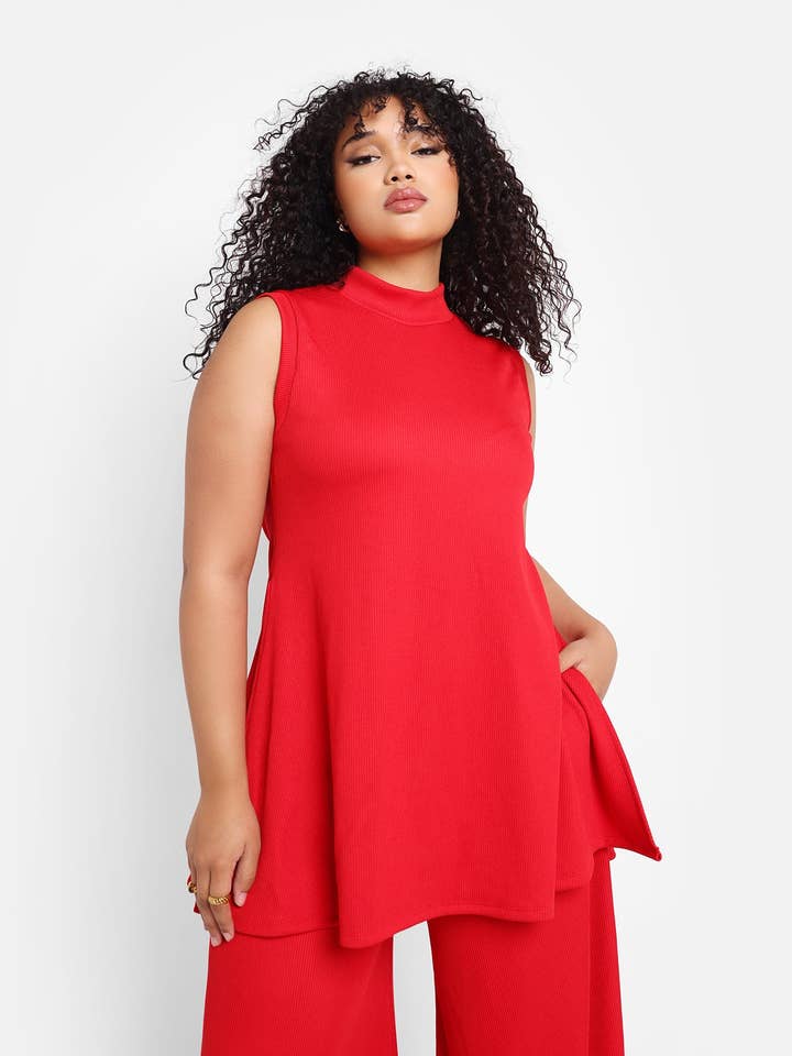 Shayla Ribbed Double Slit Sleeveless Top for wholesale by REBDOLLS