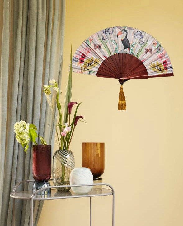 Alice Acreman Silks – wholesale Handheld folding fan – Floral Silk Fan with Toucan design and luxurious Gold tassel8