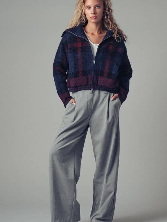 NAVY MULTI Plaid Wool-Blend Zip Jacket for wholesale on Faire7