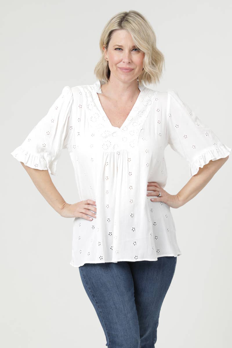 Nostalgia – wholesale Blouse – Women’s – E2V48-EM34 EYELET EMBROIDERED V NECK BLOUSE3