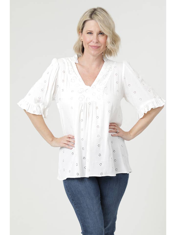 Nostalgia - Wholesale Blouse - Women's - E2V48-EM34 EYELET EMBROIDERED V NECK BLOUSE3