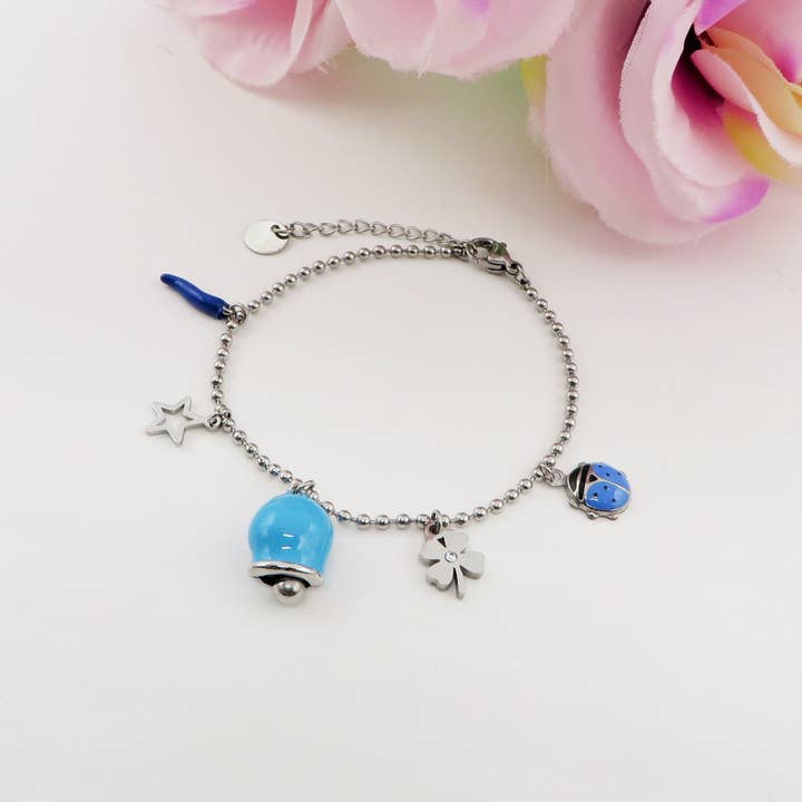 Daemon srls - Wholesale Charm/Dangle Bracelet - TINKERBELL LUCKY ~ Bracciale ACCIAIO INOSSIDABILE con campanella e charms portafortuna