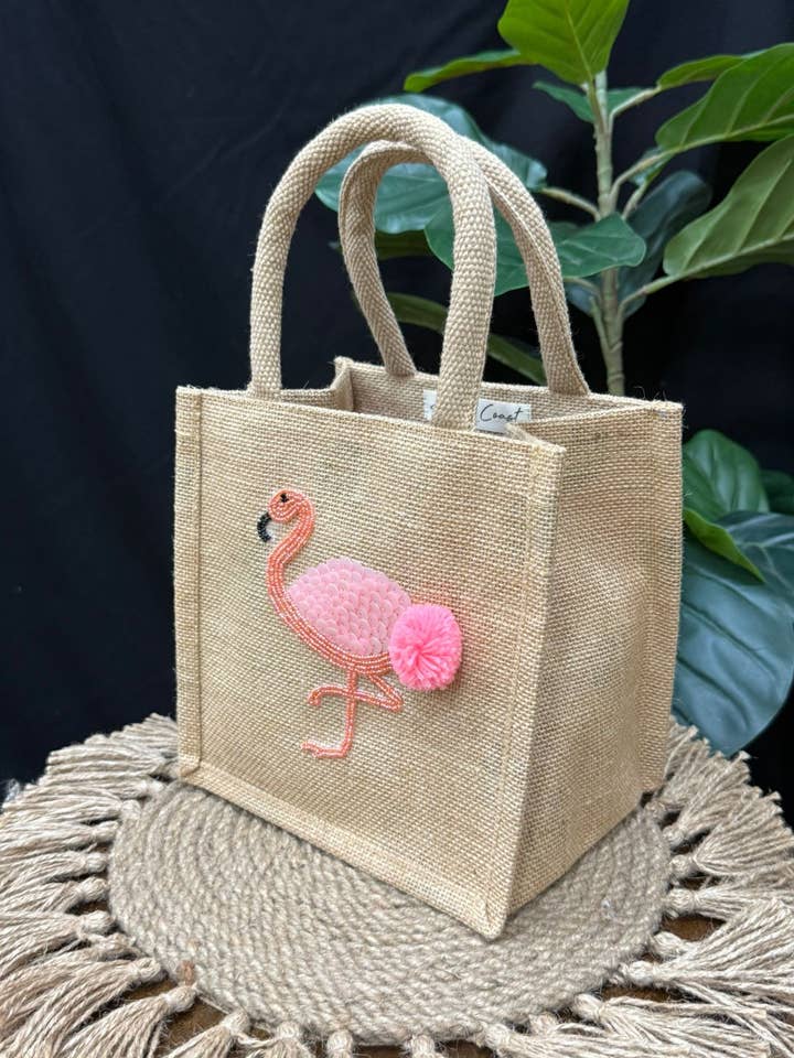 Bolso de yute pequeño con cuentas a mano Sedona Flamingo para venta al por mayor de Kandy coast