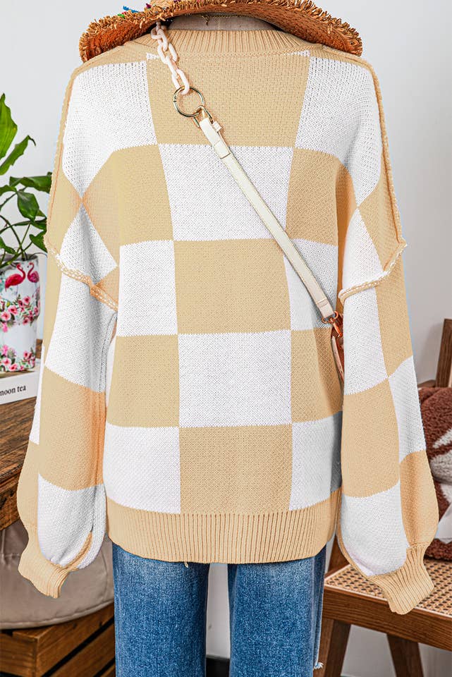 fashionworks - Wholesale Knit Sweater - Women's - Fashion-W Checkered Bishop Sleeve Sweater*S-2XL22