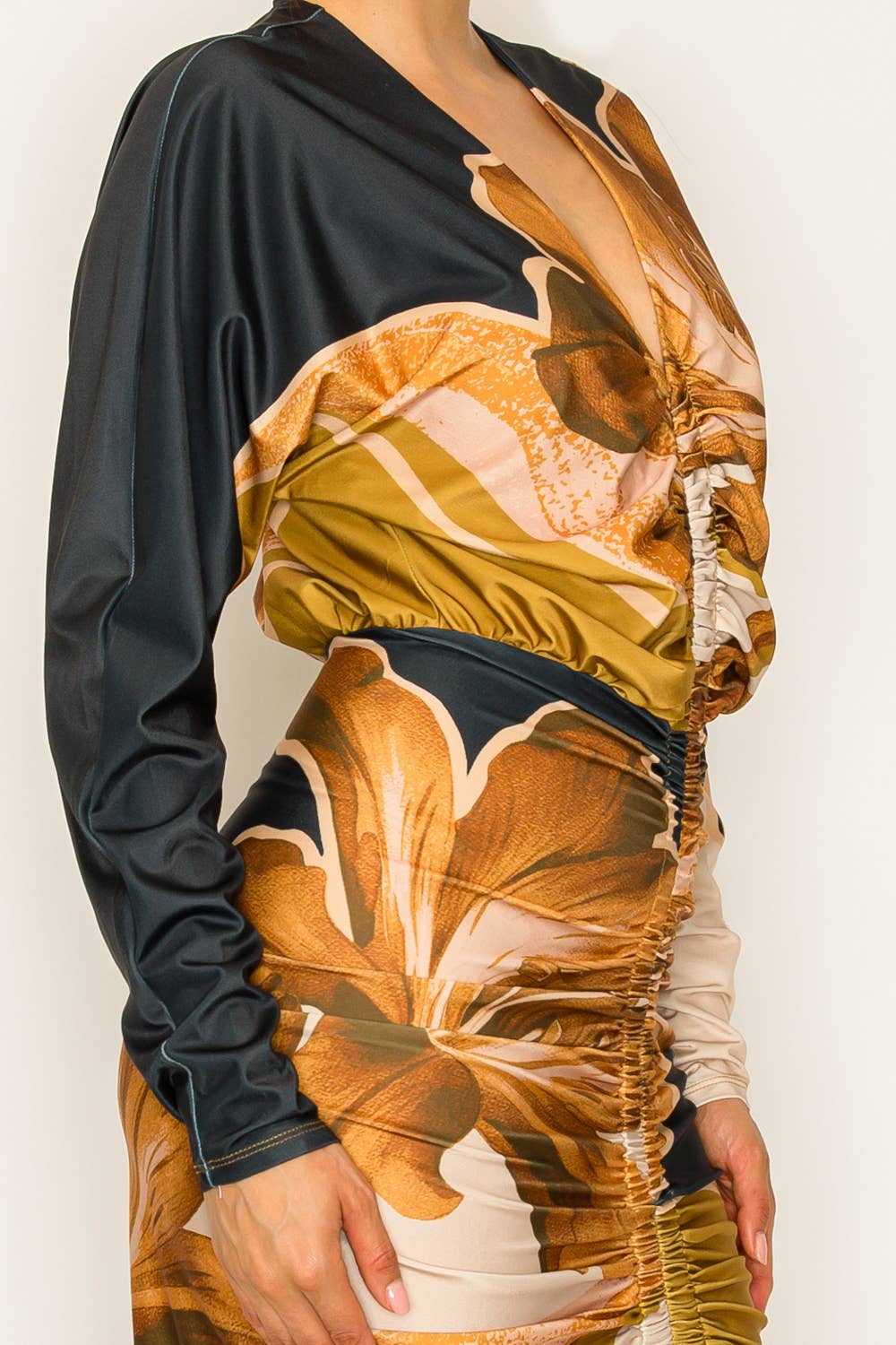 NAVY COMBO BD4049_Front Ruched V-Neck Midi Dress for wholesale on Faire2