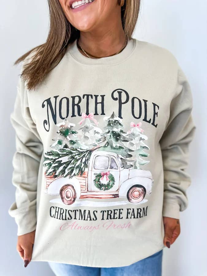 North Pole Christmas Tree Farm Sand Graphic Crewneck for wholesale by birdie
