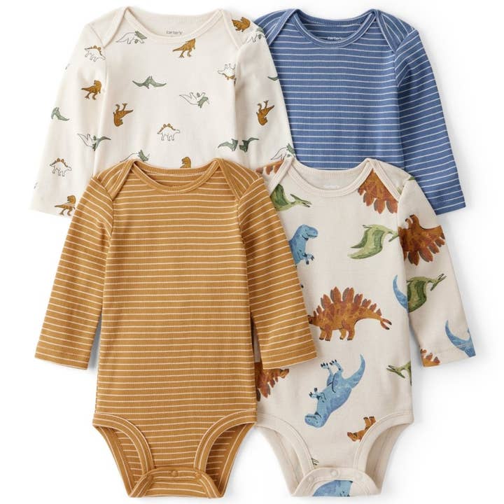 Pack of 4 long-sleeve bodysuits with dinosaurs and stripes for wholesale by Nenina & Co