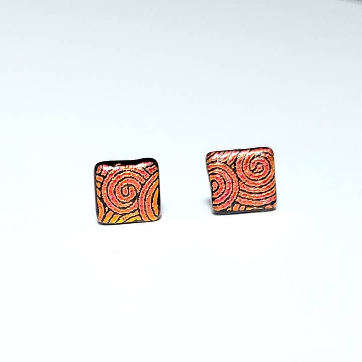 Burnt Orange Dichroic Glass Square Stud Earrings for wholesale by Eclectic Woodchuck