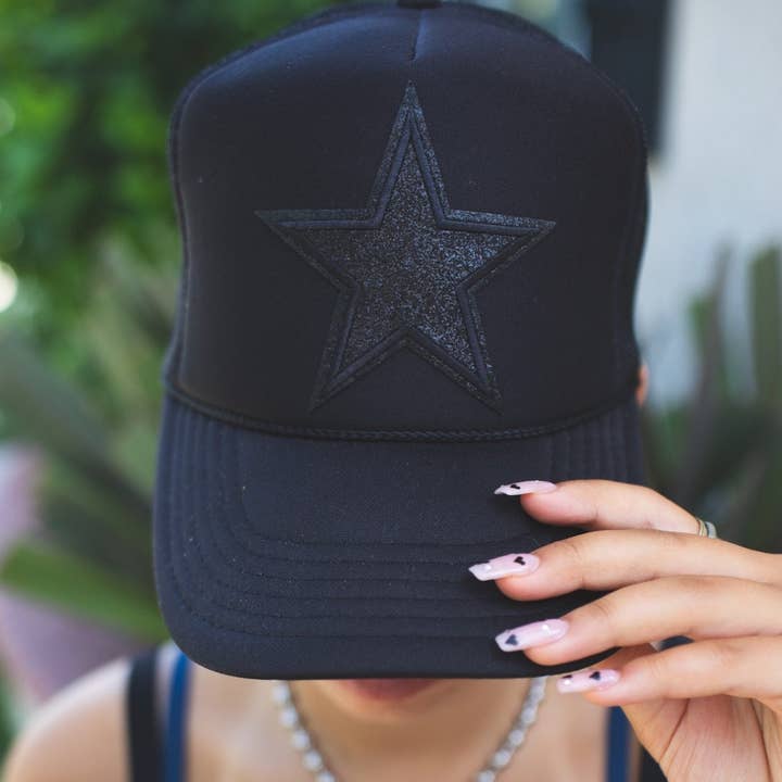 Otto Black Trucker Hat with Black Sparkle Star for wholesale by Sosobella Designs