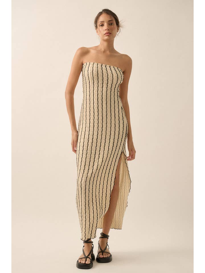 NATUREL Robe longue tube sans bretelles en maille à rayures texturées en vente sur Faire3