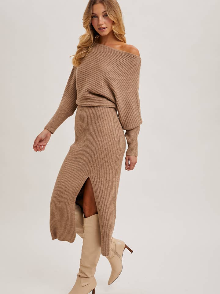 Bluivy - Wholesale Dress - Women's - ONE SHOULDER OFF SIDE SLIT MIDI KNIT SWEATER DRESS6