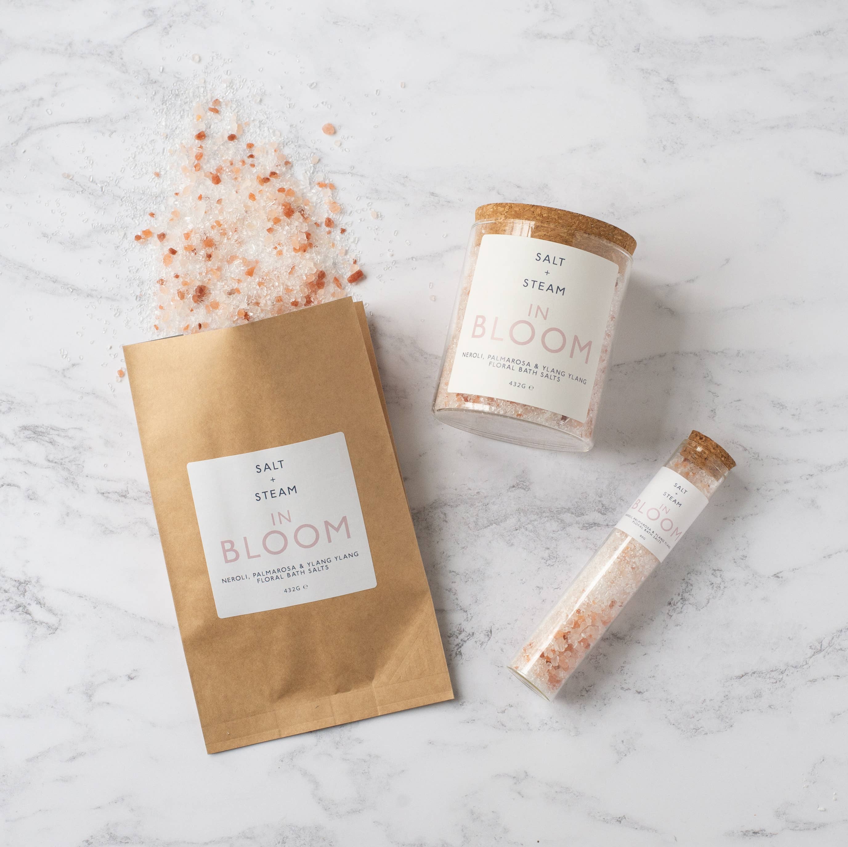 Salt + Steam - Wholesale Bath Salts - In Bloom - Rose, Neroli & Palmarosa Bath Salts 80g & 432g3