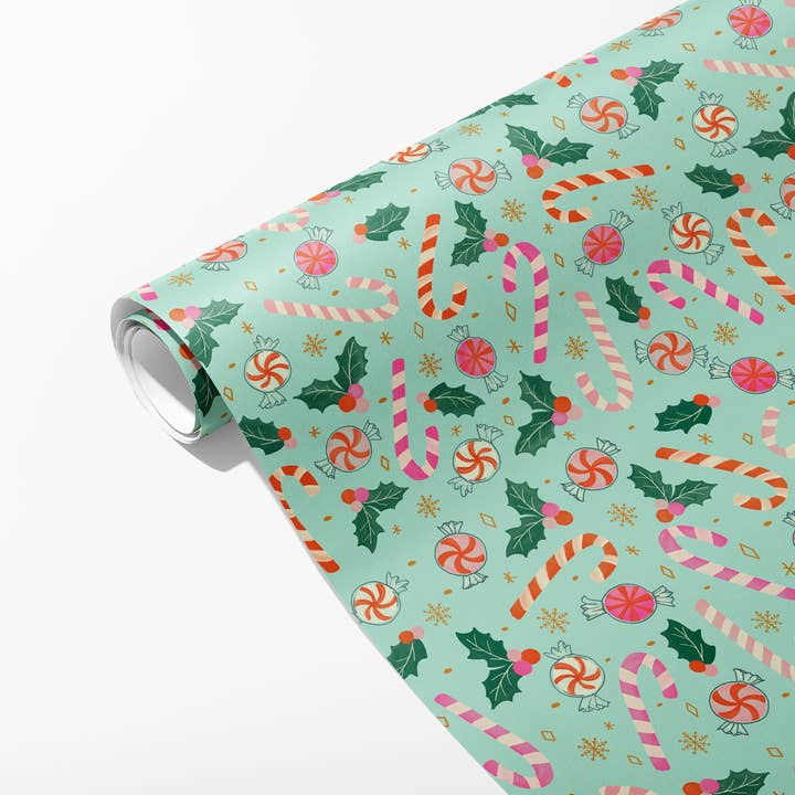 KelseyMDesigns - Wholesale Wrapping Paper Roll - Christmas Candy Canes Wrapping Paper - 3 Sheet Roll