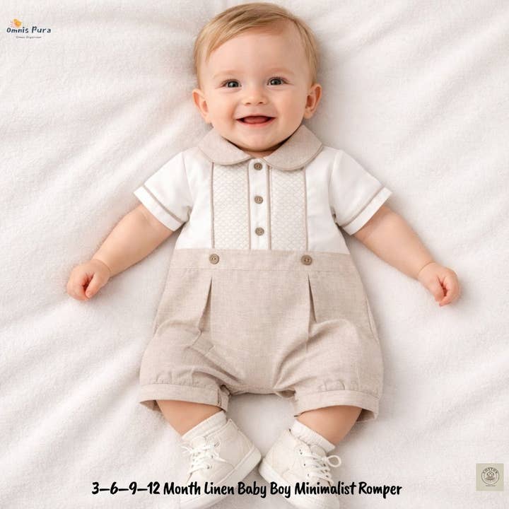 3–6–9–12 Month Linen Baby Boy Minimalist Romper for wholesale by Omnis Pura