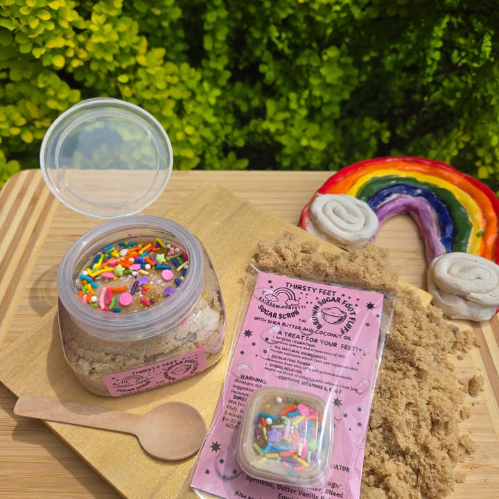 THIRSTY FEET™️ – wholesale Foot scrub/polish – Rainbow Confetti Brown Sugar Foot Fluff Sugar Scrub 8 oz Jar7