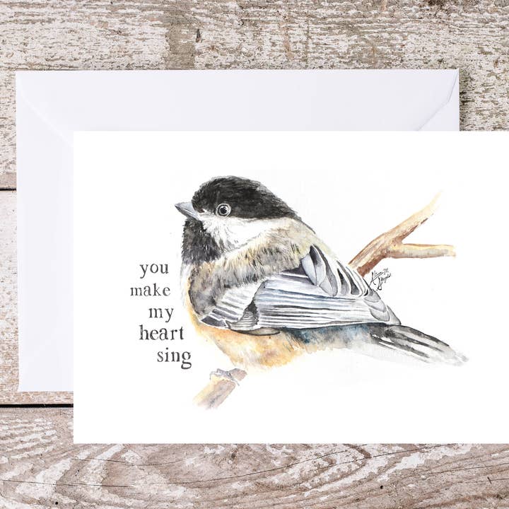 Chickadee Watercolor Valentine "You make my heart sing" for wholesale by Art Reflects Light