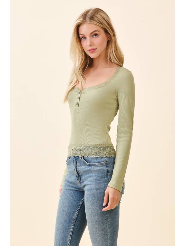 Heart & Hips - Wholesale Knit Top - Women's - BUTTON FRONT HENLEY WITH LACE AT NECK & BOTTOM HEM16