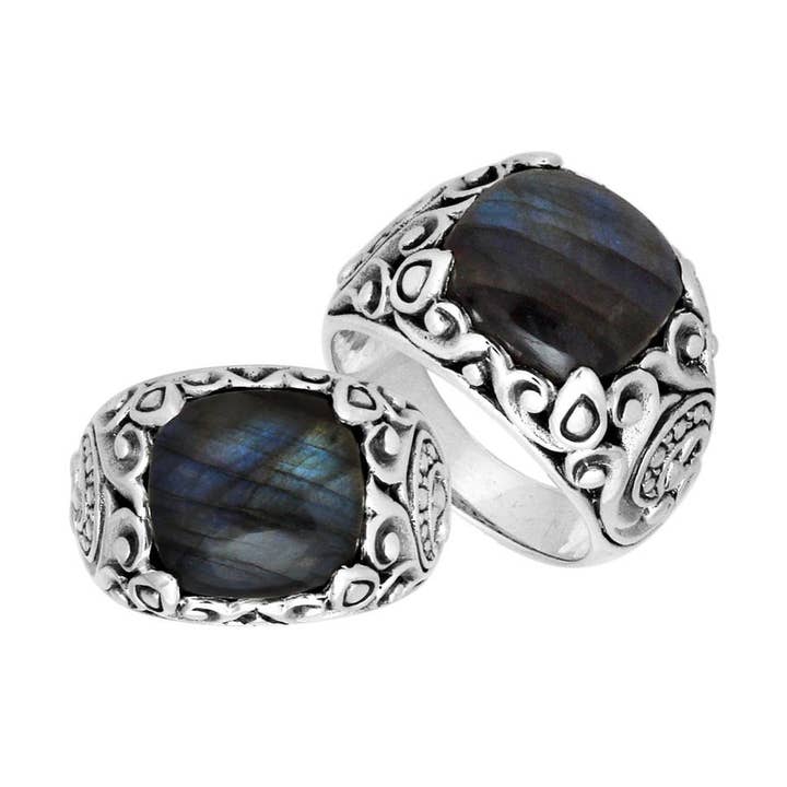 AR-8031-LB Sterling Silver Balinese Scroll Pattern Labradorite Ring With Handcrafted Artisan Detailing for wholesale by Bali Designs