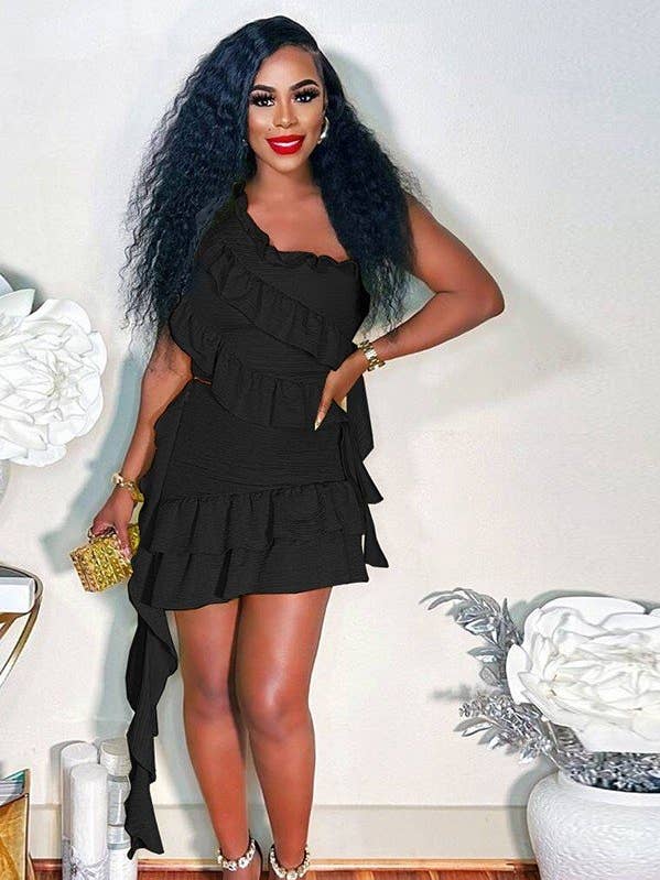 One-Shoulder Fringe Ruffle Skirt Set for wholesale by Aria Romance