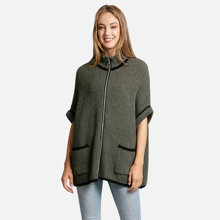 Fashion City - Wholesale Outerwear Poncho - Women's - Solid Zipper Jacket with Outlined Edges20