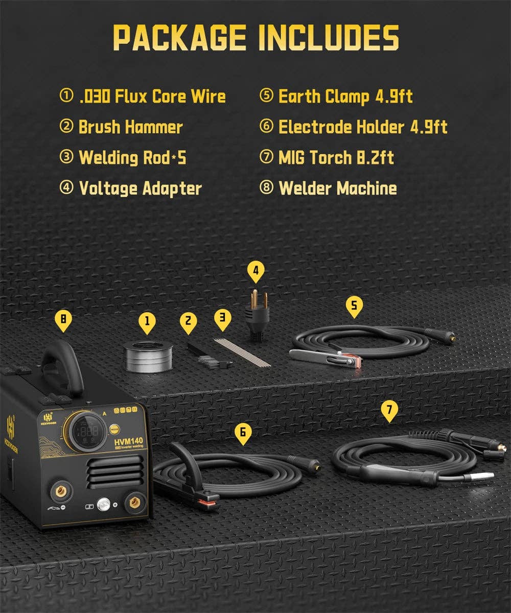 American Smart - Wholesale Kitchen Appliance - HZXVOGEN HVM140 3 in 1 Semi-Automatic Inverter Mig Welding Machine MMA/Gasless MIG/Lift TIG IGBT Non Gas Welder Synergy Tool22