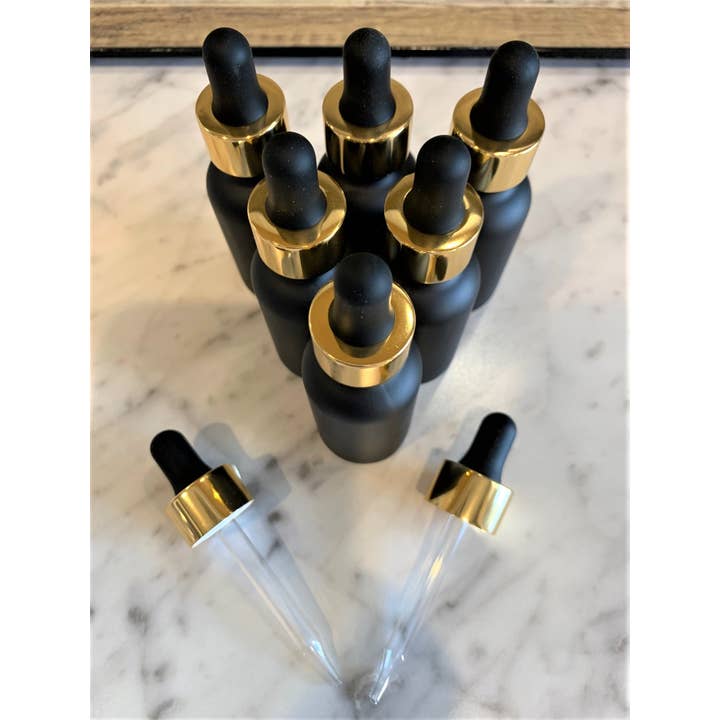 The Bottle Shoppe - Wholesale Essential Oil Holder - 2oz Black Matte Bottle with Black & Gold Glass Dropper