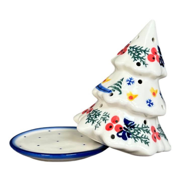 Polish Pottery Outlet - Wholesale Christmas Decoration - Luminary, Christmas Tree, 5", WR (WR44A) in "Bows in Snow" by W.R. Ceramika | WR44A-WR151