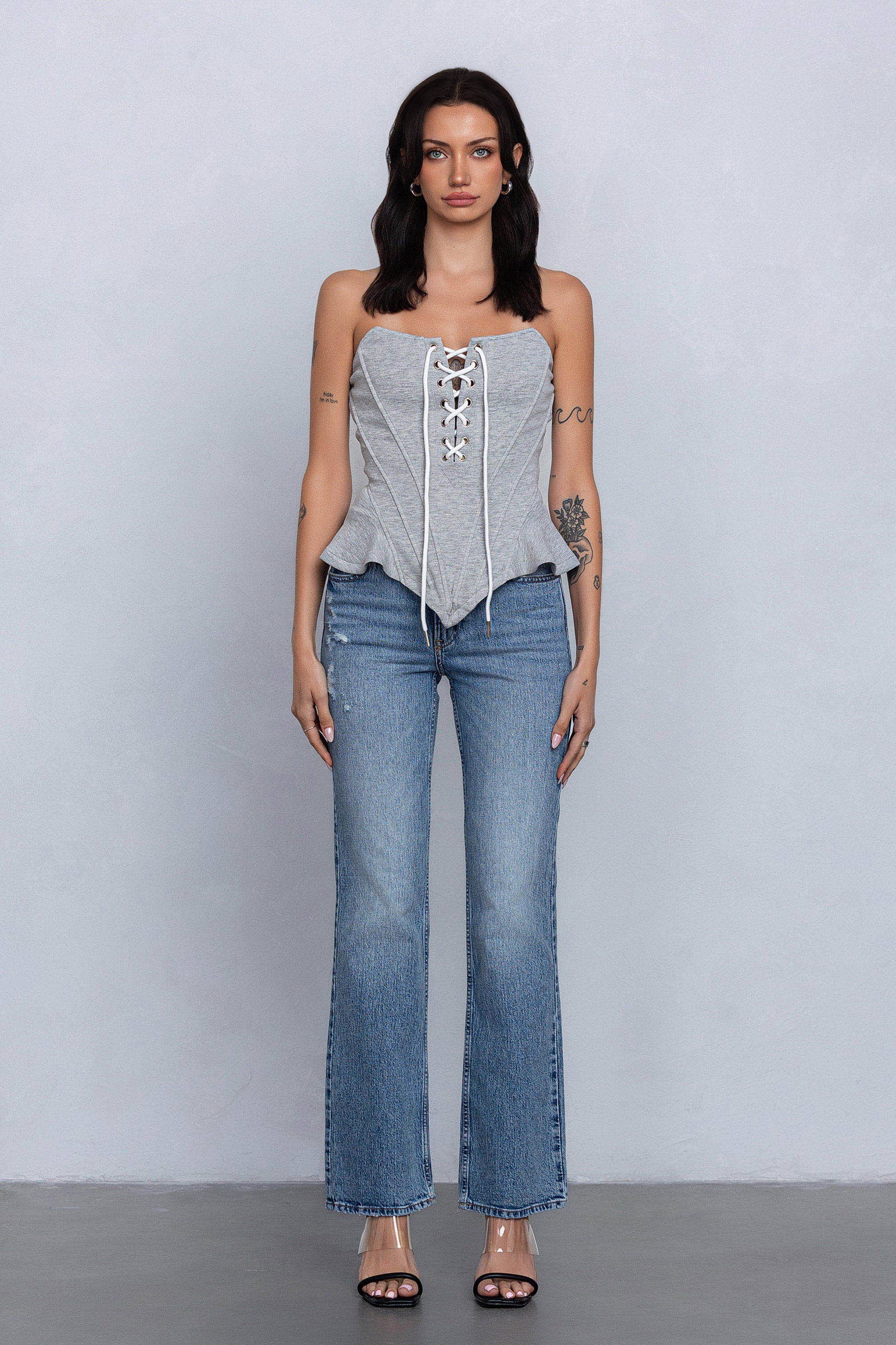 Gris chiné Haut bustier en jersey avec détails désossés et lacés en vente sur Faire1