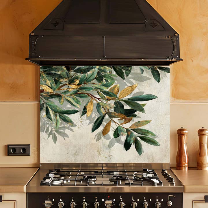 Azeitona Dourada – Painel de Vidro Temperado para Cozinha – Resguardo de Cozinha Botânico por atacado de Glass Kitchen Backsplash