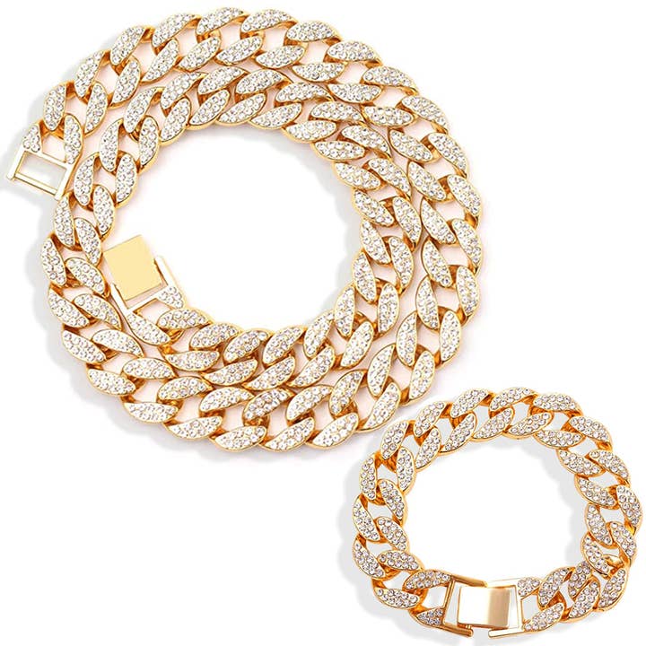 15mm Miami Cuban Link Chain Silver Necklace & Bracelet Set for wholesale by EMESLY