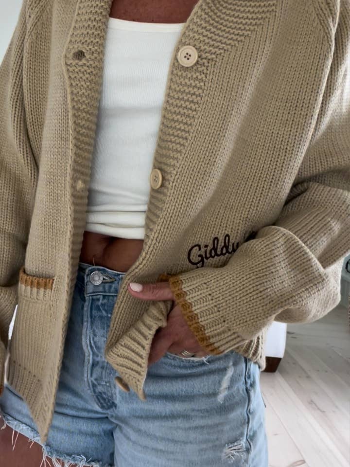 Pink Pineapple - Wholesale Cardigan - Women's - Vintage Horseshoe Varsity Cardigan in Camel6