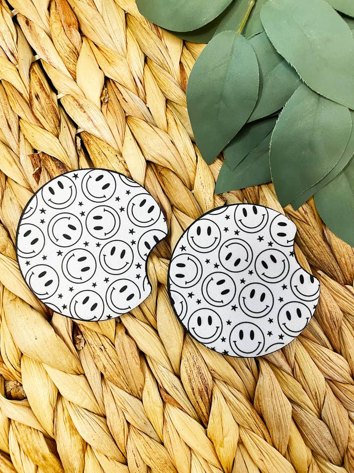 Black and White Smiley Car Coasters - Set of 2 for wholesale by Miss Printed Co