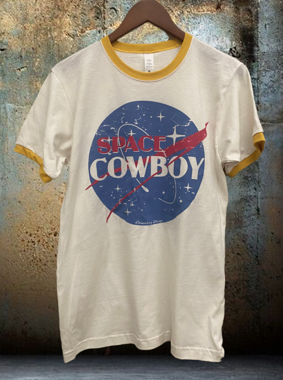 White Yellow Space Cowboy Ringer Vintage unisex T-Shirt for wholesale on Faire0