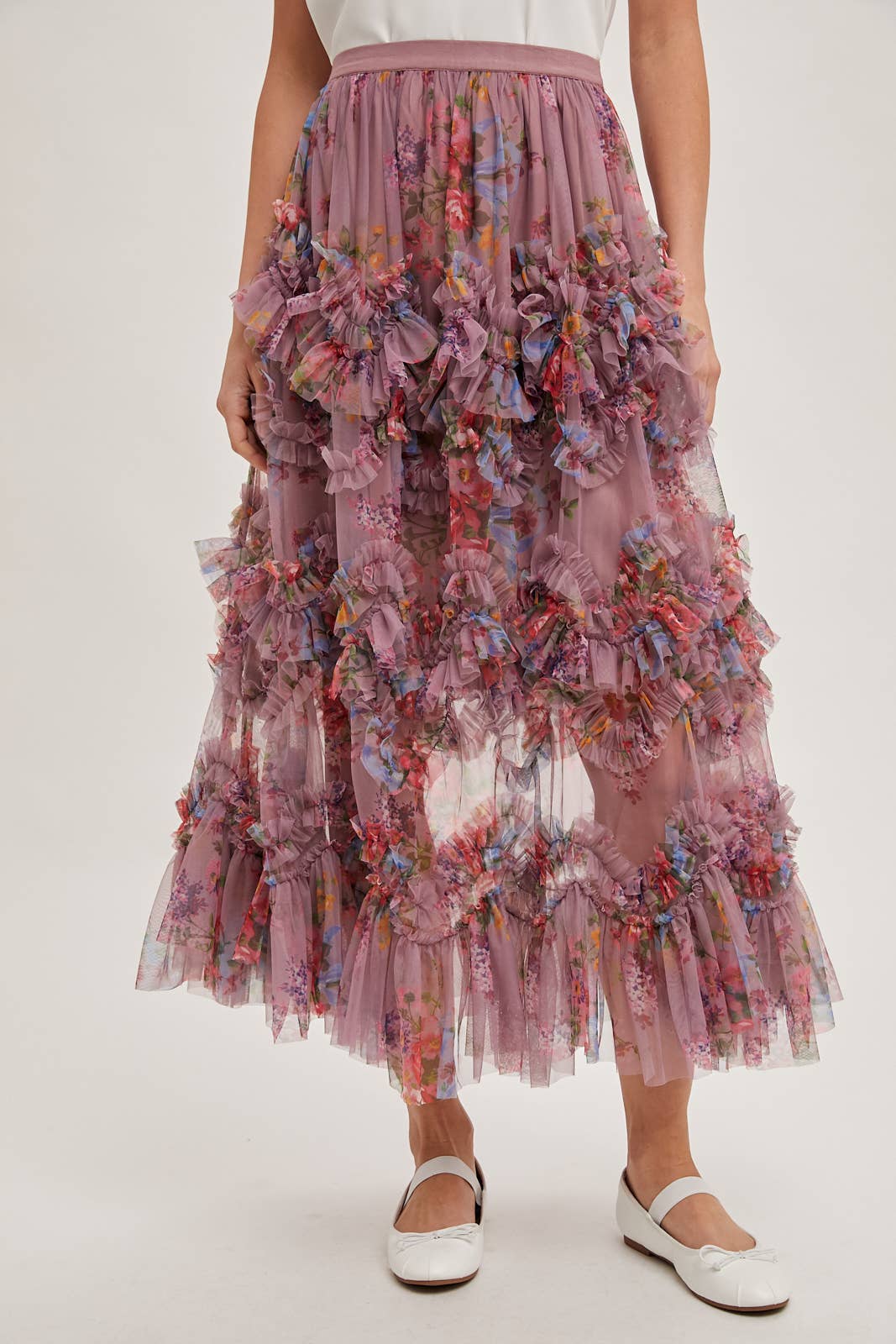 Bluivy - Wholesale Skirt - Women's - FLORAL RUFFLED MESH MIDI SKIRT12