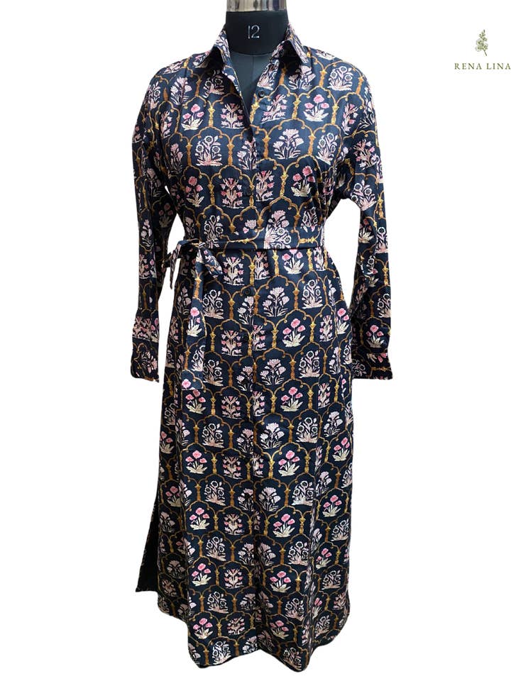 Navy Floral Shirt Dress With Optional Belt for wholesale by Rena Lina