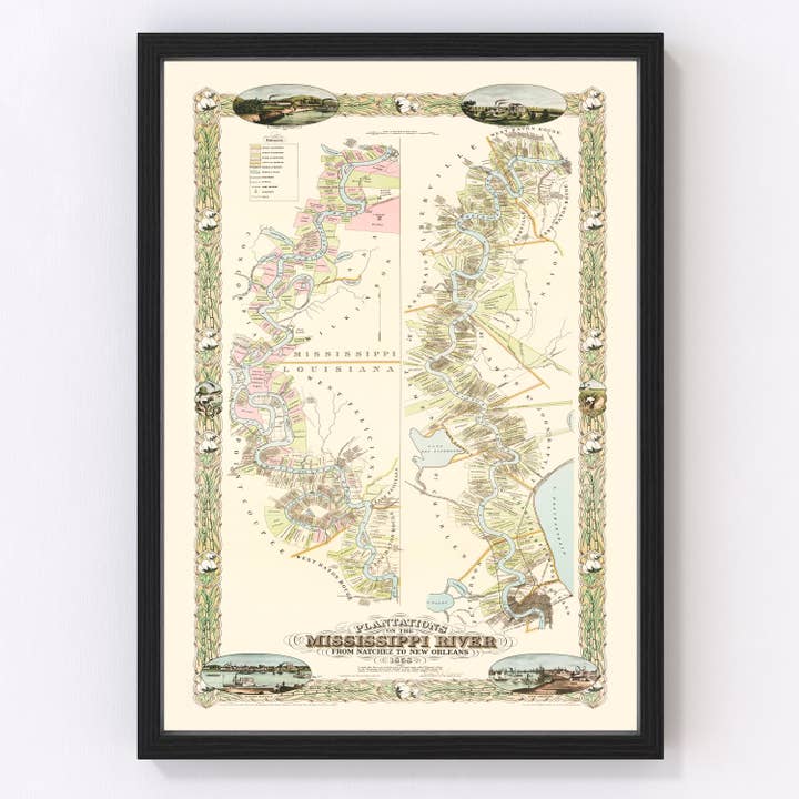 Vintage Plantations on the Mississippi River Map 1858 for wholesale by Ted's Vintage Art