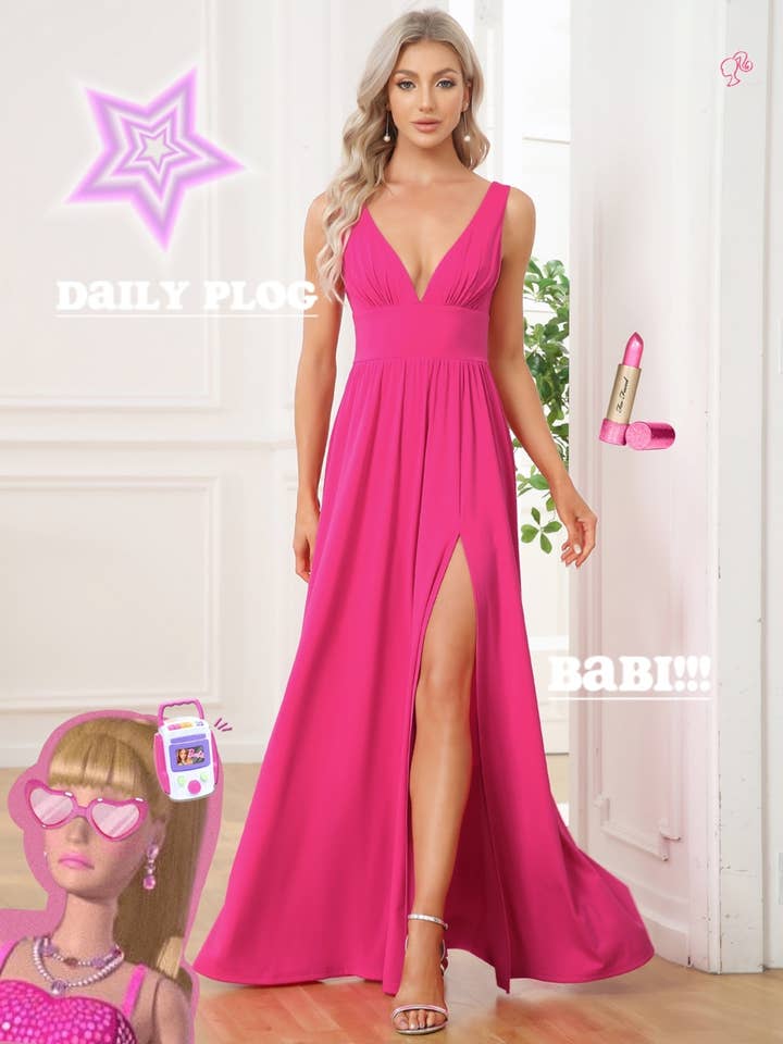 Dyb V-hals og en linje ærmeløs brudepigekjole for engroshandel hos Ever-Pretty