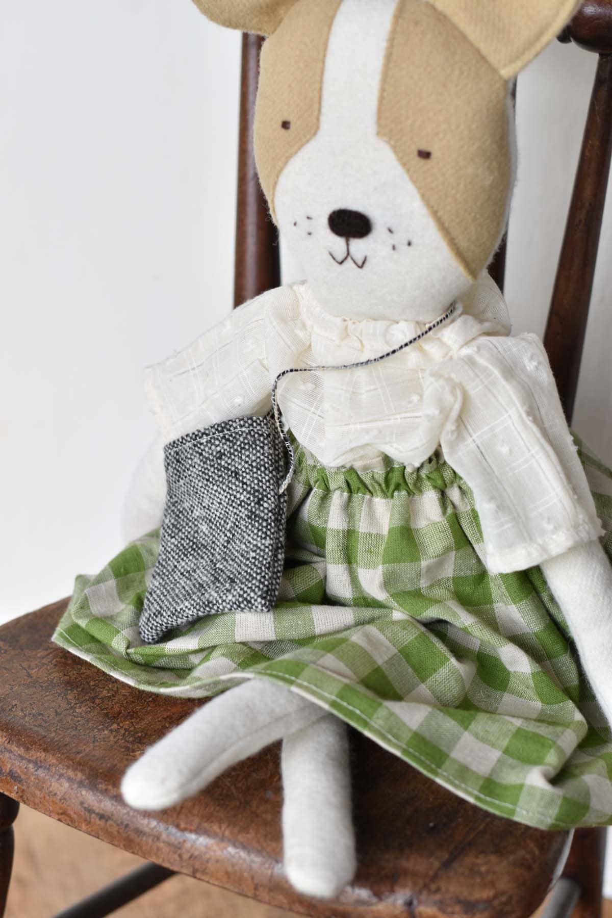 Woolgrass Farm - Wholesale Stuffed/Plush Toy - Kids & Baby - Fig the Frenchie Dog - Gingham Skirt - Handmade Wool Doll2
