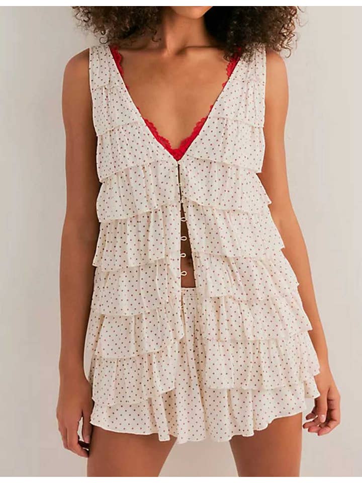Sweetkama - Wholesale Top & Skirt Set - Women's - Ladies V-Neck Button Polka Dot Ruffle Top & Skort Set