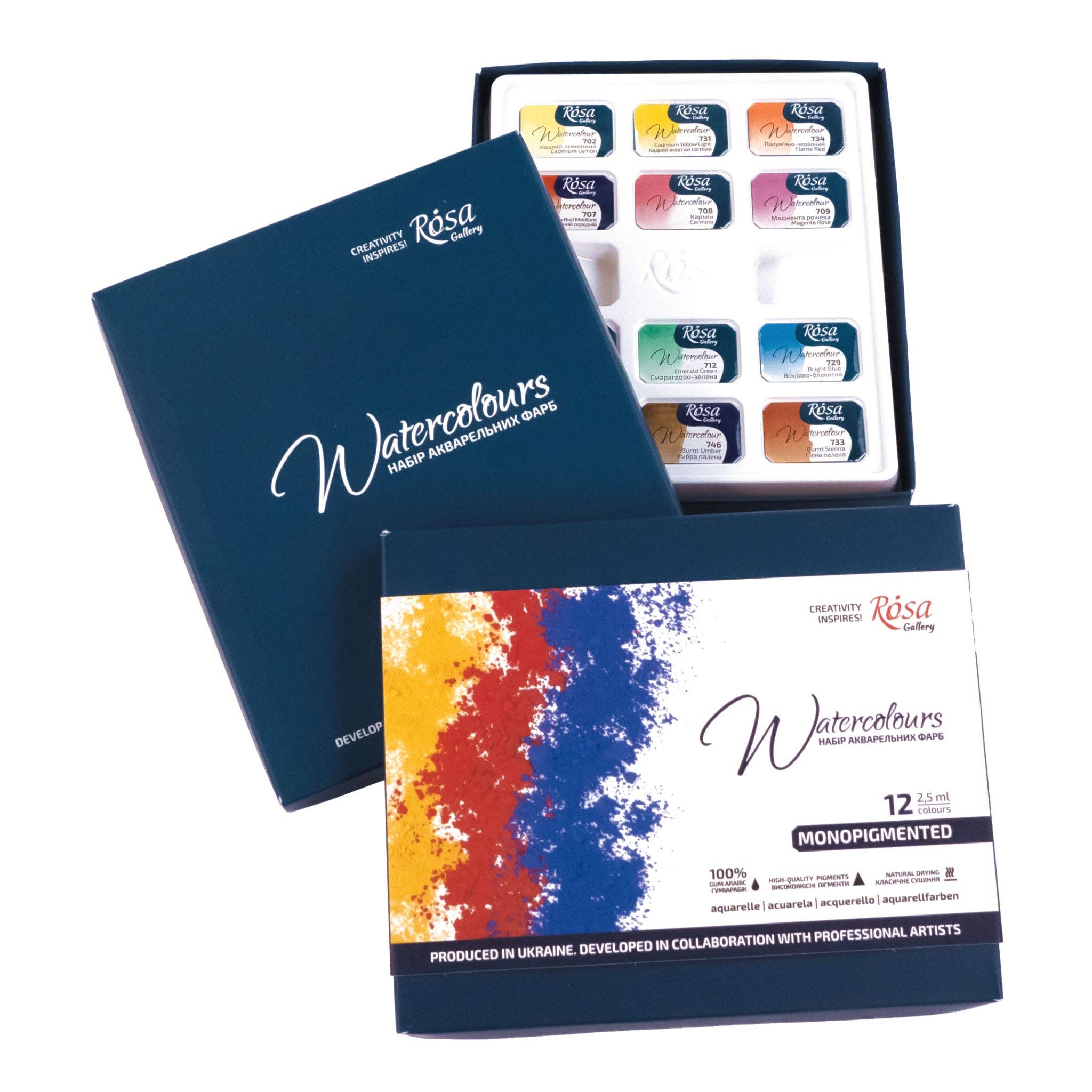 Fainotoys - Wholesale Watercolor Paint - ROSA Gallery Monopigmented Watercolors Set - 12 Colors, Full Pans in Cardboard Box1