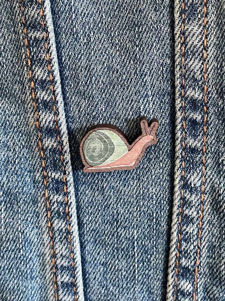 Mossy Snail - 25mm Wooden Pin Badge for wholesale by MossyPathArt