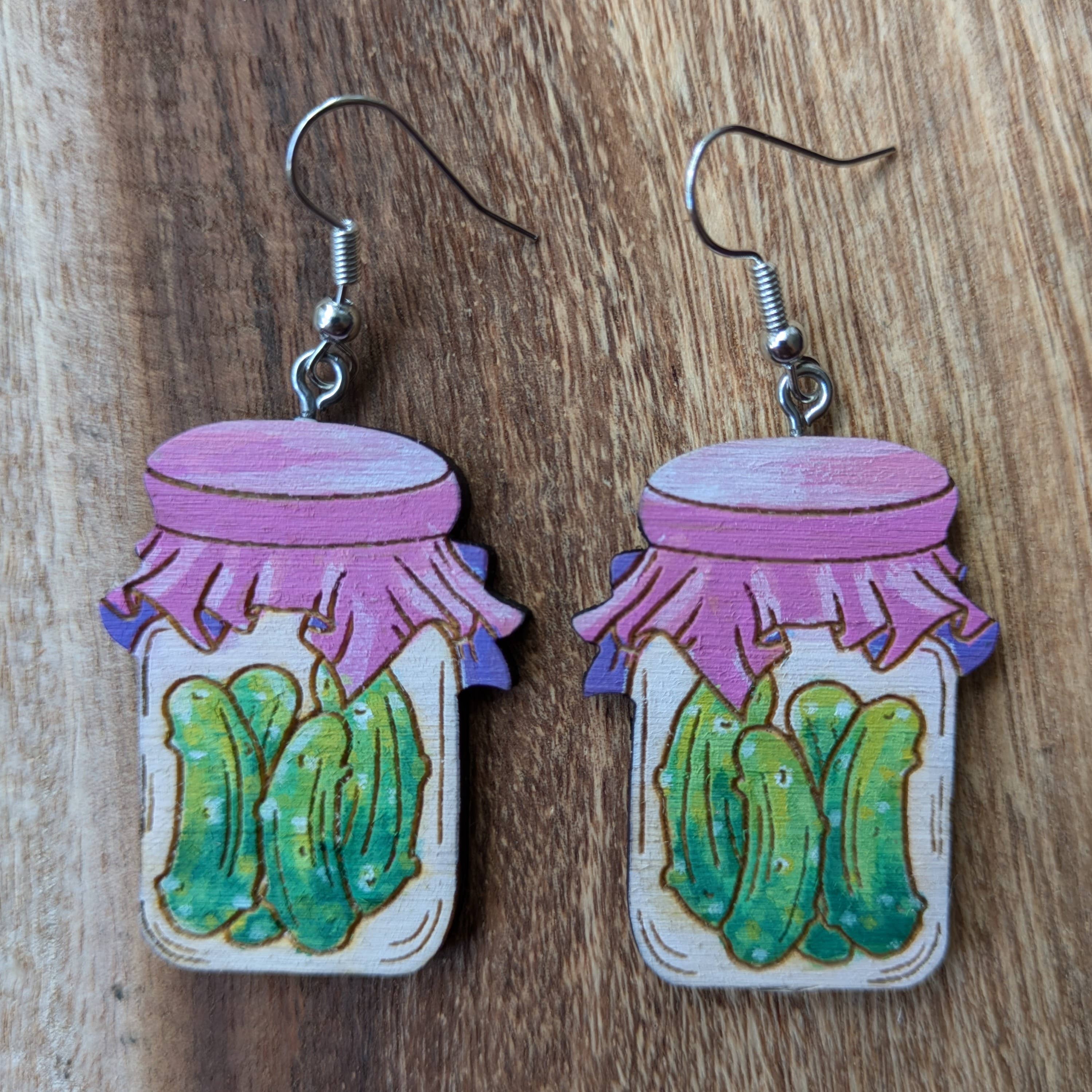 VibeHigh - Wholesale Dangle Earrings - Hand-Painted Pickle Jar Earrings2