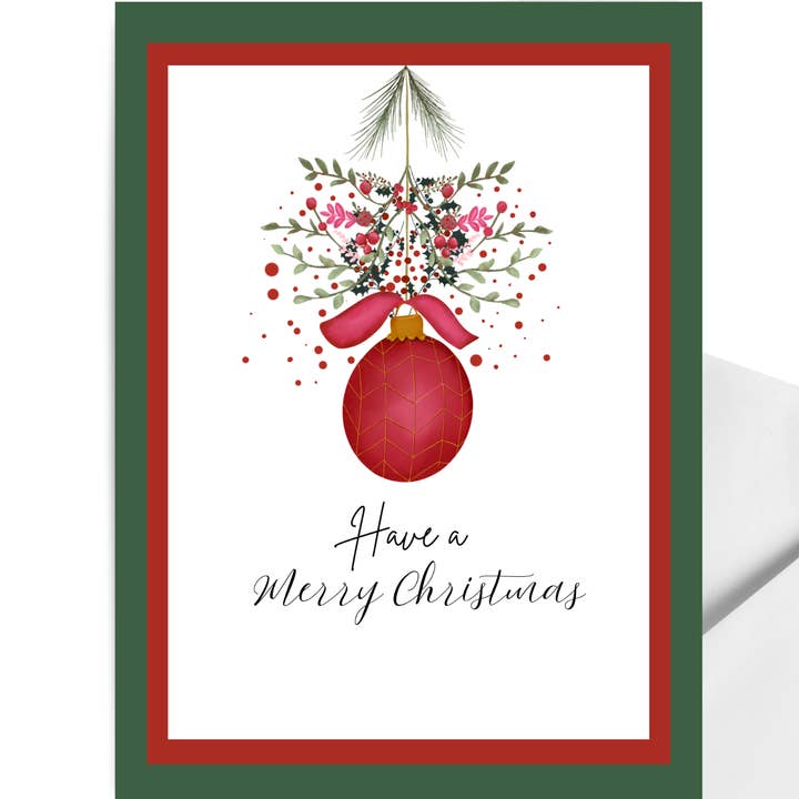 Carte de vœux de Noël joyeux avec ornement rouge et motifs floraux pour la vente par Sweet Sketches